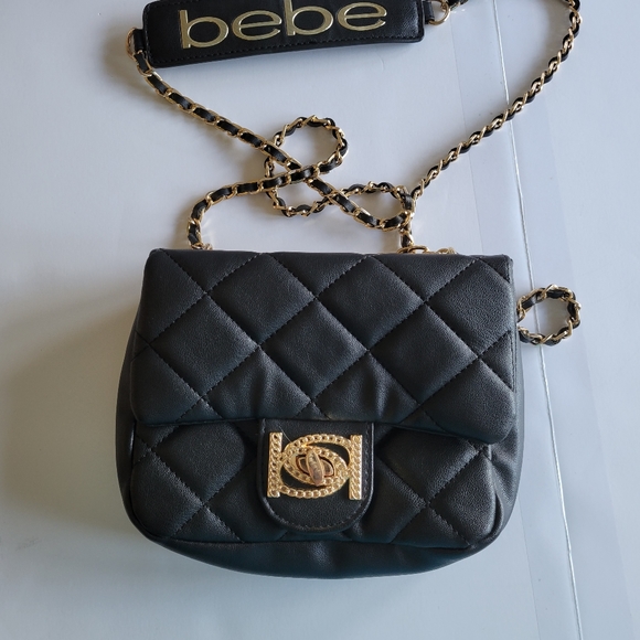 Bebe Los Angeles Handbags - Bebe Los Angeles small quilted cross body purse black with goldstone accents